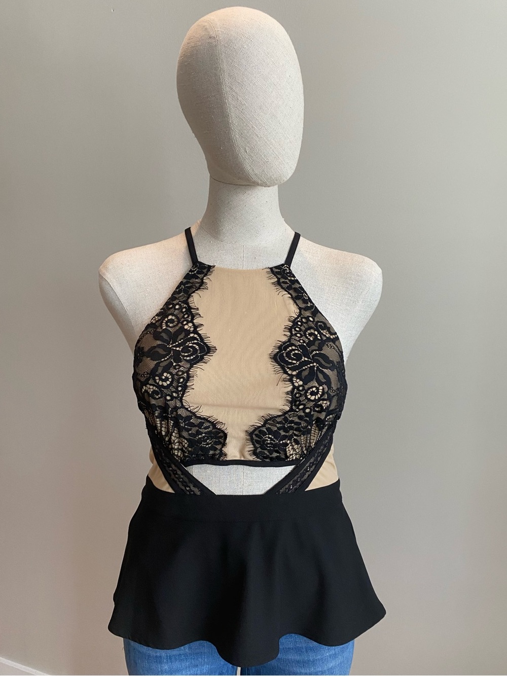 Marciano Black Lace Halter Top with Nude Mesh. Size S